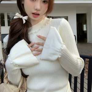 เสื้อชั้นในถักแขนกระดิ่งทรงสลิมฟิตสำหรับผู้หญิง เสื้อเชิ้ตคอกลมแขนยาวทรงหลวมสบาย ๆ สำหรับฤดูใบไม้ร่วง/ฤดูหนาว