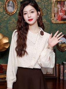 Retro Hong Kong Style Long Sleeve Polka Dot Shirt Womens Asymmetrical Collar Design Sensation Age Reducing Trendy Top