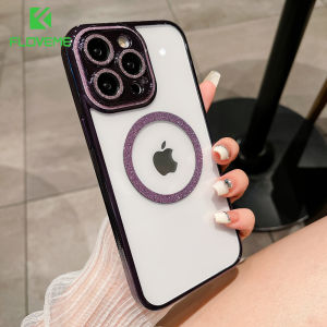 FLOVEME Bling Glitter Lens Film Protector Transparent Phone Case For iPhone 14 13 12 Pro Max Fashion Wireless Charging Magsafe Plating Clear TPU Shockproof Back Cover For iPhone 14 13 12