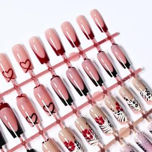 120Pcs French Leopard Print Press On Nails Medium Square Removable Fake Nail Tip Flower Heart Pattern Wearable False Fingertips