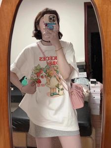 เสื้อยืดคอกลมแขนสั้นผ้าฝ้ายแท้สไตล์อเมริกันย้อนยุคสำหรับผู้หญิงไซส์ใหญ่หลวมๆ สไตล์น่ารักและเท่สำหรับนักเรียน