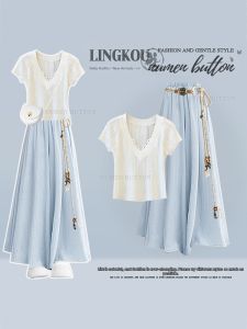 NUMEN BUTTON | Age-reducing Slimming French Short Sleeve Top A-line Skirt Set