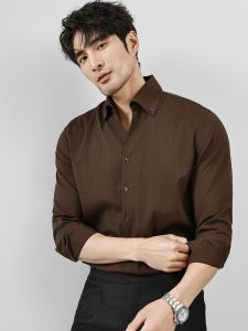 Áo Sơ Mi Kẻ Sọc Cổ Chữ V Dài Tay Nam Cao Cấp Thường Ngày Thời Trang Mùa Thu Polyester Viscose Spandex Cổ Lớn Phong Cách Pháp