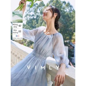 Vimly | Đầm Dài Tay Bồng Mùa Thu Vải Rayon Màu Hồng U-neck