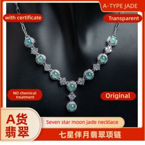 Natural A-grade Jade Light Green Round Bead Zircon Women Copper Necklace with Certificate