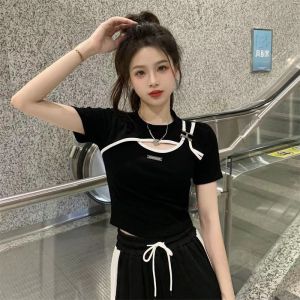 Áo Thun Nữ Tay Ngắn Thiết Kế Không Đều Phong Cách Hàn Quốc Mùa Hè Màu Trơn Ôm Vừa Vặn Cổ Tròn Dài Ngắn Thường Ngày