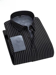 HENGYUANXIANG | Mens Fleece Lined Thick Long Sleeve Shirt Casual Striped Fashionable Warm Autumn Winter Shirt Standard Fit Youthful Style