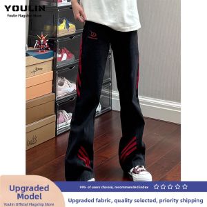American Style Patchwork Stripe Jeans Men Summer Thin Three Bars Casual Straight Leg Micro Flared Pants mid High Waist Polyester Fiber