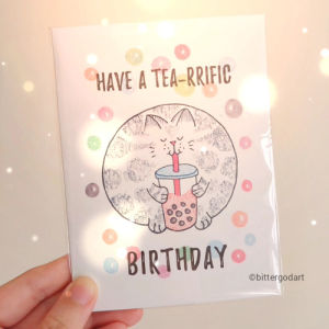 Cute Funny Pun Cat Greeting Card Happy Birthday Friendship Foreverporary Bubble teaporary Boba teaporary Sushi tea