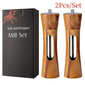 Wooden Salt and Pepper Grinder With Base SetCeramic Core Transparent Window Manual Pepper Mills Kitchen Spice Shaker 8inch Set