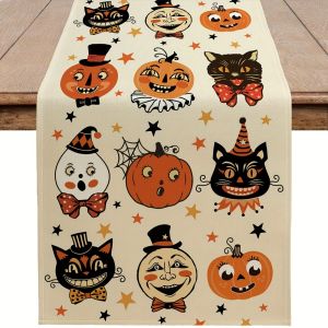 1 Piece of Retro Halloween Theme Table Runner Decorative Pumpkin Ghost Black Cat and Other Elements Suitable for Parties Restaurants B&Bs Market Scenes.