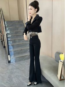 Fashionable Slimming Short Suit Set for Women High Waist Flared Pants Two Piece Set Stylish Autumn Workwear Polyester Fiber