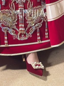 Red Wedding Shoes Womens 2025 New Style Two-Way Show Heel Thick Heel Comfortable Winter High Heels for Engagement And Wedding