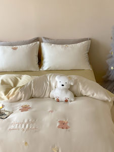 Cute Girl Heart Cold Sense Healing Embroidery Silk Bedding Set Duvet Cover Sheet Lightweight Summer Comforter Quilt Covers