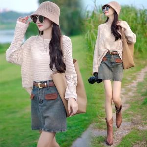 French Style Single Button Back Split Knitwear Womens Loose round Neck Fashionable Slimming Top Korean Version Polyester Fiber Long Sleeve