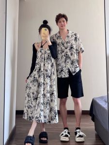 Sanya Thailand Seaside Vacation Travel Couple Clothes Summer Mens Short Sleeve Shirt Womens Sling Dress One Dress