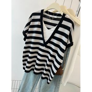 European Goods Striped Fake Two Pieces V Neck Short-Sleeved T-shirt Womens Summer Plus Size Plus Size Ladies Loose Slim Looking Shoulder Fancy Tops