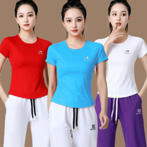 New 2024 Womens Square Dance Short Sleeve T-Shirt Ice Silk Cotton Sport Fitness Exercise Dance Clothes Summer Running Top
