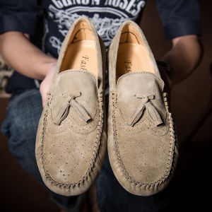 Kendora Mens Bean Shoes Korean Style Large Size 47 Genuine Leather Soft Bottom Flat Heel Breathable round Toe Casual Loafers