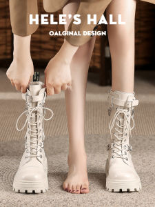 Helen Hall Martin Boots Womens Short Boots Real Leather Mid-Calf Thin Thick Bottom White Summer New Style Youth Zipper Closure