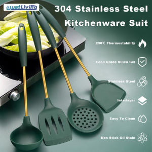 JustLiving Silicone and 304 stainless steel kitchen utensils set High temperature resistant non-stick silicone Spatula Non-Stick Kitchenware Cooking Tool Utensils & Gadgets