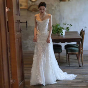 ลูกไม้ งานแต่งงานหางปลา เดรส น้ำหนักเบา เทพนิยายเจ้าสาวเจ้าบ่าวทางเข้าผ้าคลุมหน้า Bustier 2024 ใหม่วินเทจรถไฟขนาดเล็ก