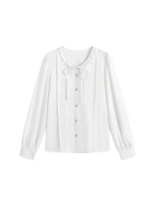 เสื้อเชิ้ตแขนพองคอวีสีขาวสไตล์ฝรั่งเศสสำหรับผู้หญิง ทรงหลวม ทรงเข้ารูป แขนยาว ทรงปกติ ลายลูกไม้ เสื้อเชิ้ตฤดูใบไม้ร่วงใหม่