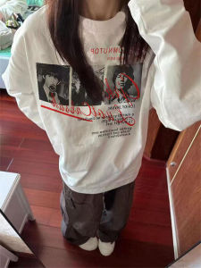 Retro American Print Pure Cotton Long Sleeve Womens T-shirt Spring 2025 New Loose Chic Hong Kong Style Trendy Top