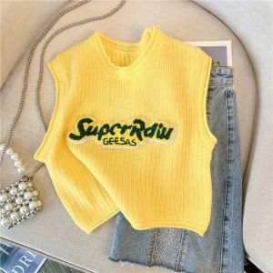 Girls Ice Silk Sweater Vest Thin Short Sleeve Summer Top Childrens Clothing Yellow Color Durable Material Breathable Fashionable