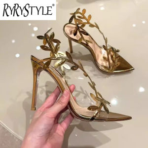 รองเท้าส้นเข็มทรงรองเท้าส้นสูงแบบบางหัวแหลมเปิดนิ้วเท้าสำหรับผู้หญิงรองเท้าแตะรูปใบไม้สีทองสำหรับฤดูร้อนชุดปาร์ตี้แต่งงานสุดหรู