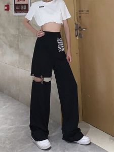 กางเกงขายาวทรงตรงเอวสูงหลวมๆ ฤดูใบไม้ผลิและฤดูใบไม้ร่วง กางเกงขายาวลำลองสำหรับผู้หญิง ดีไซน์โซ่เปิดโล่ง แฟชั่นใหม่