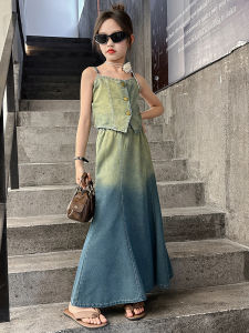 Girls Summer Dress Thin Denim Fish Tail Skirt Knee-Length Childrens Clothing Korean Style Gradient Effect Solid Color