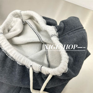 Quần Ống Rộng Lót Lông Cừu Dày Thường Ngày Cho Nữ Mùa Thu Đông Quần Dài Ống Đứng Màu Xám Đậm Rộng Rãi Thoải Mái