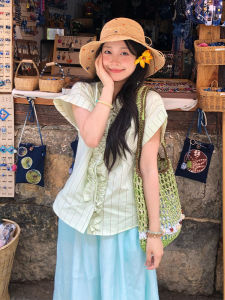 Áo Sơ Mi Nữ Tay Ngắn Cổ Chữ V Họa Tiết Sọc Mùa Hè Rộng Rãi Thoải Mái Thường Ngày Phong Cách Đường Phố Thời Trang