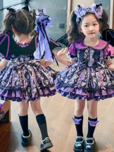 Princess Style Printed Dress Childrens Mink Velvet Skirt Spring Autumn Puffy Skirt Cute Cartoon Elements Short Sleeve Doll Collar