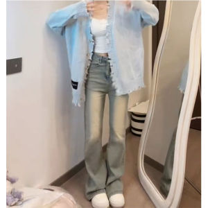 Misty Blue plus Size Womens Jeans High Waist Stretchy Flared Pants Spring Autumn Style Slimming Tall Effect Casual Denim