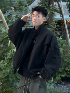 Black Short American Style Flight Jacket Mens Autumn Fashion Knife Sleeve Stand Collar Workwear Baseball Coat Loose Fit Waterproof