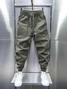 Fashionable Mens Washed Work Trousers Solid Color Cuffed Casual Pants Elastic Waist Loose Fit Harlan Pants Spring Summer