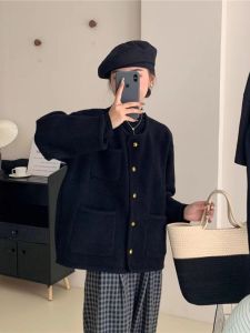 ถักสองด้าน คาร์ดิเกน ผู้หญิง ลมกลิ่นหอมหรูหราสไตล์ฝรั่งเศสสั้น เสื้อโค้ท การเย็บปะติดปะต่อปุ่มชนิดท่อตรง กระเป๋าเสื้อ