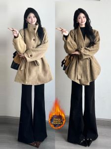 QIANCHANGNAAI | Warm Non-fitted Drooping Flare Black Denim Jeans
