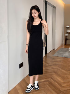 Black Strapless Slim Fit Summer Dress Womens Vest Style High Waist mid Length Cotton Blend Comfortable A-Line Midi Dress