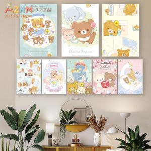 AZNM Kawaii Rilakkuma Chairoikoguma Canvas Wall Art Unframed Print Cute Bear Cartoon Poster Nursery Bedroom Home Decor Gift