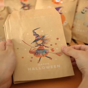 24pcs Halloween Candy Treat Bags with 24pcs stickers Trick or Treat Kraft Paper Bags Gift Bags for Event Party Favor Supplies