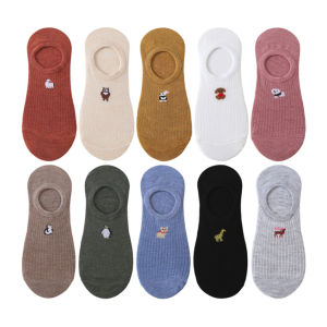 10 Pairs Women Cartoon Sock Slippers Cute Animal Rabbit Bear Dog Cat Summer Breathable Cotton Invisible No Show Non Slip Socks