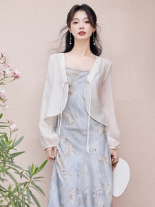 เสื้อคลุมกันแดดผ้าชีฟองสไตล์จีนใหม่สำหรับผู้หญิง เสื้อคลุมกันแดดแบบมีฮู้ด แขนยาว ทรงหลวม ปกโปโล สีพื้น