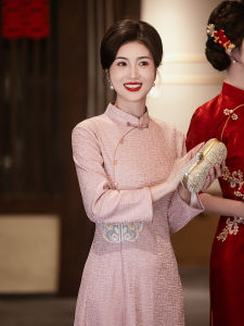 Pink Long Sleeve Lace Cheongsam Wedding Dress A-Line Skirt Vintage Style Maxi Dress for Mother of the Bride Autumn Winter New Arrival