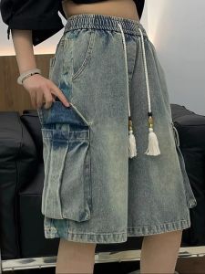 American Retro Workwear Denim Shorts Men Summer New Large Pocket Teenage Trendy Brand Wide Leg Five-Quarter Pants Mid-Length