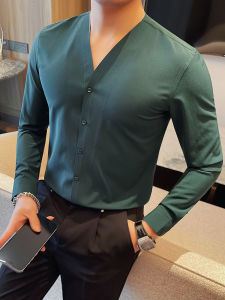 New Chinese Style Mens Long Sleeve Shirt V-Neck Casual Business Slim Fit Fashionable Spring Summer Versatile High-End Feeling