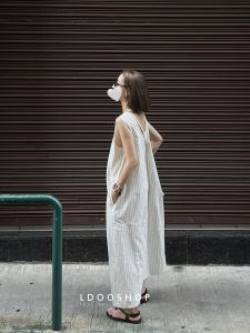 LDOO SHOP Loose Fit Stripe Pattern Sleeveless Dress with Crossbody Bag round Neck A-Line Midi Skirt Cotton Linen Blend Summer Dress