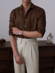 Lightweight Breathable Linen Shirt Mens Long Sleeve Casual Slim Fit Business Casual Retro Gentleman Brown Color Shirt